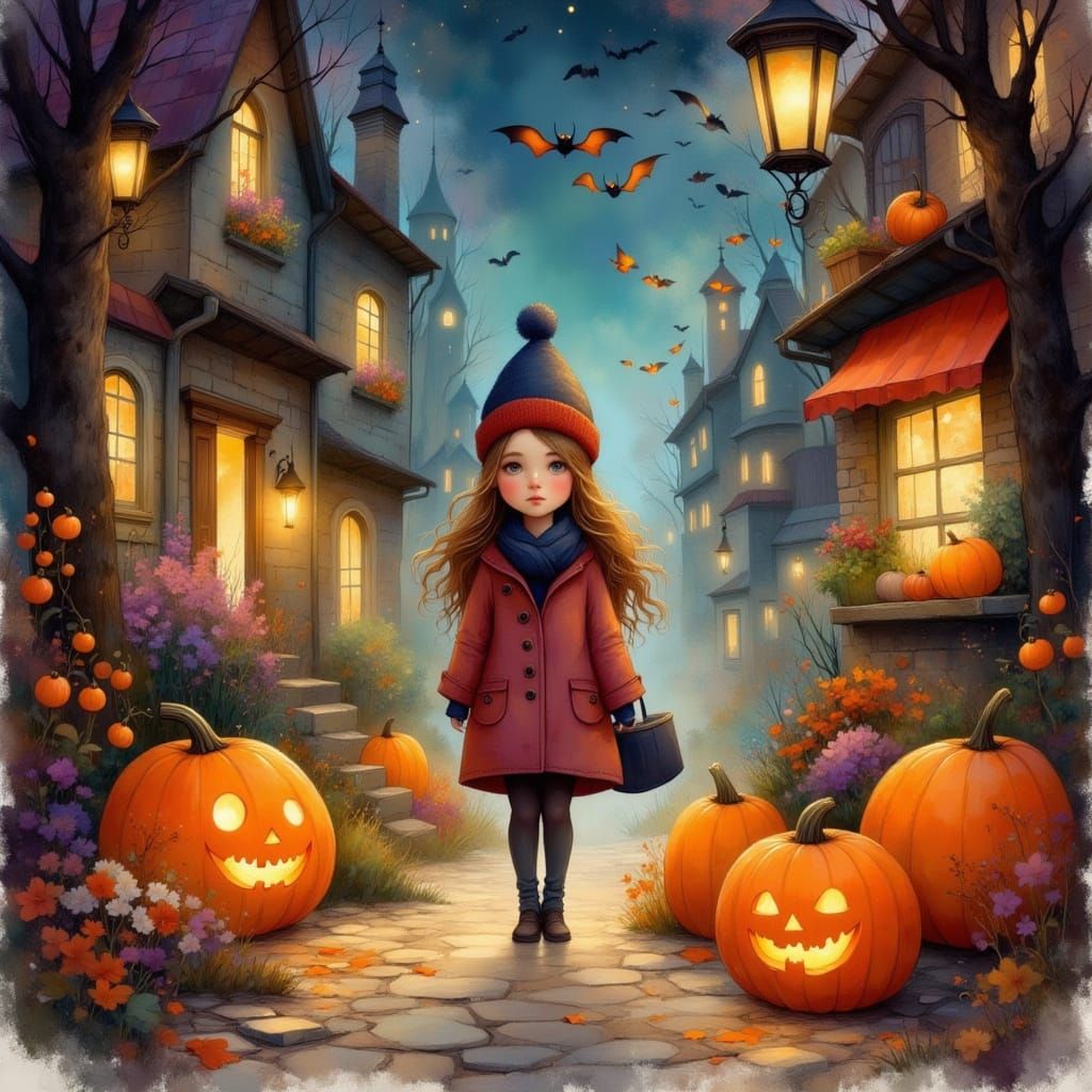 Whimsical Halloween Festival: Girl with Pumpkins and Bats