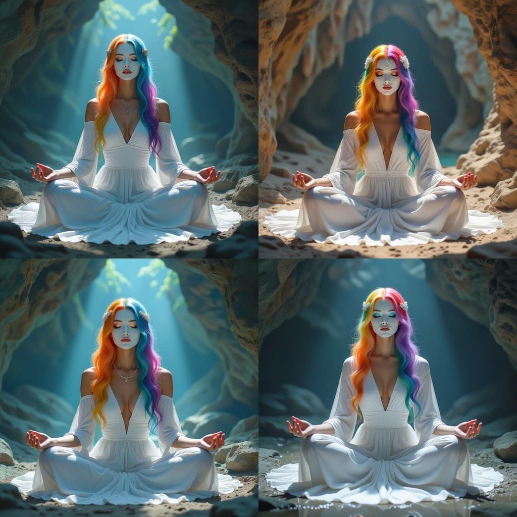 Woman with Rainbow Hair and Porcelain Mask Meditating