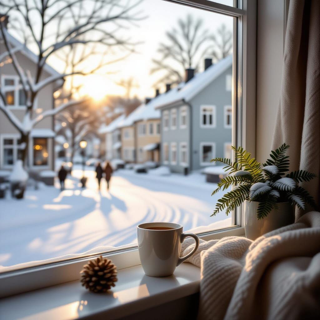 Cozy Room View of Scandinavian Winter Cityscape