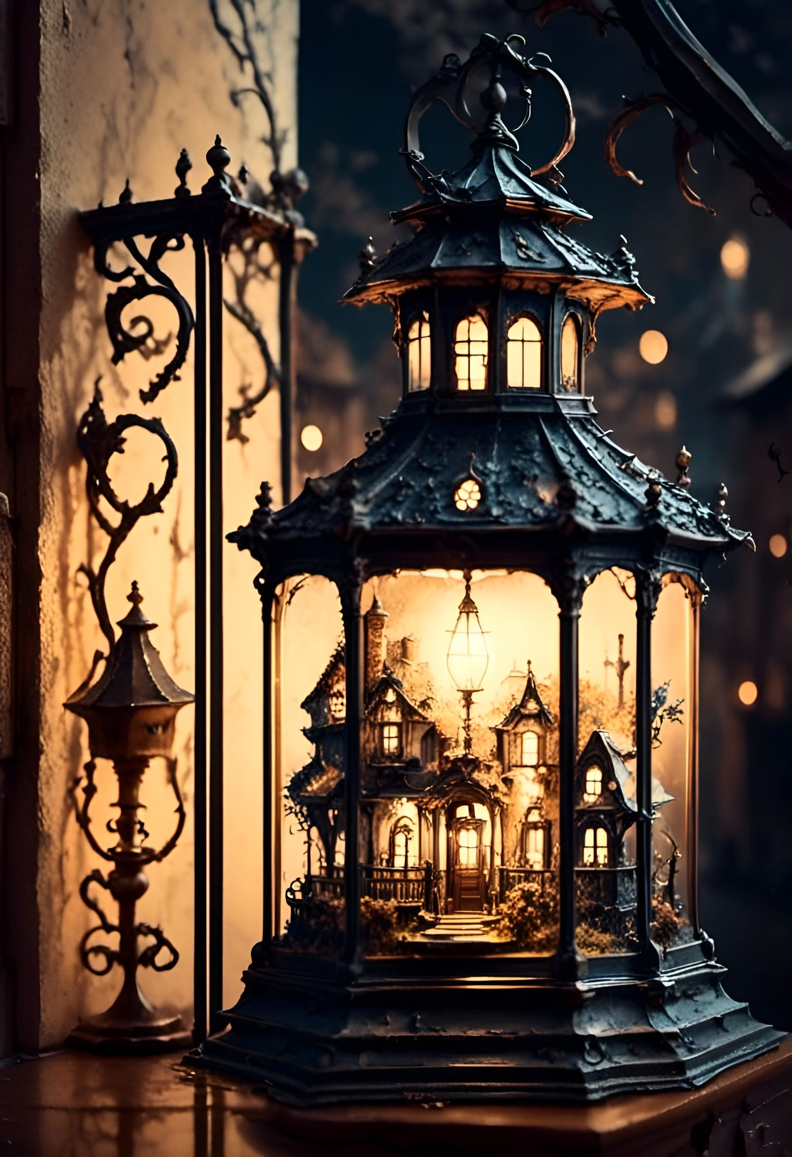Miniature House Inside a 19th Century Lantern