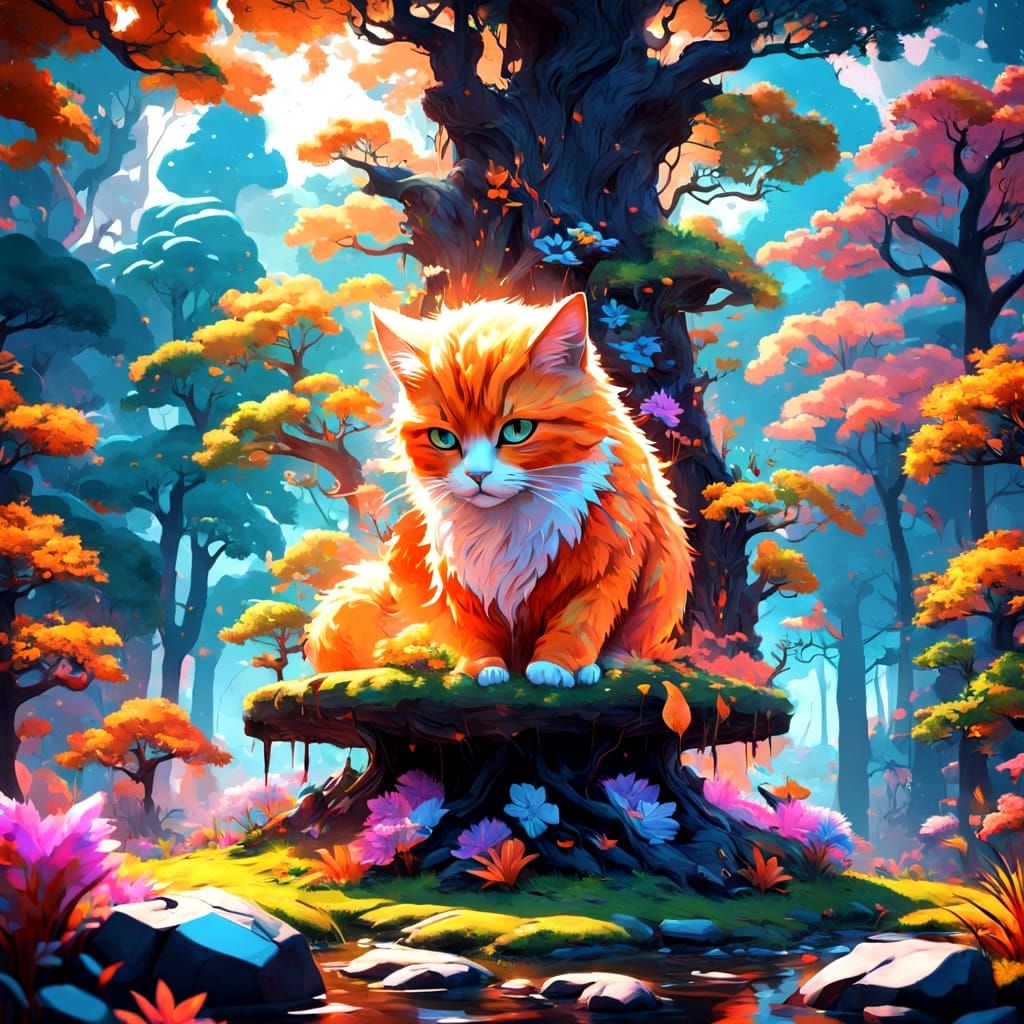 Elegant Whimsical Cat in Vibrant Woodland Scene