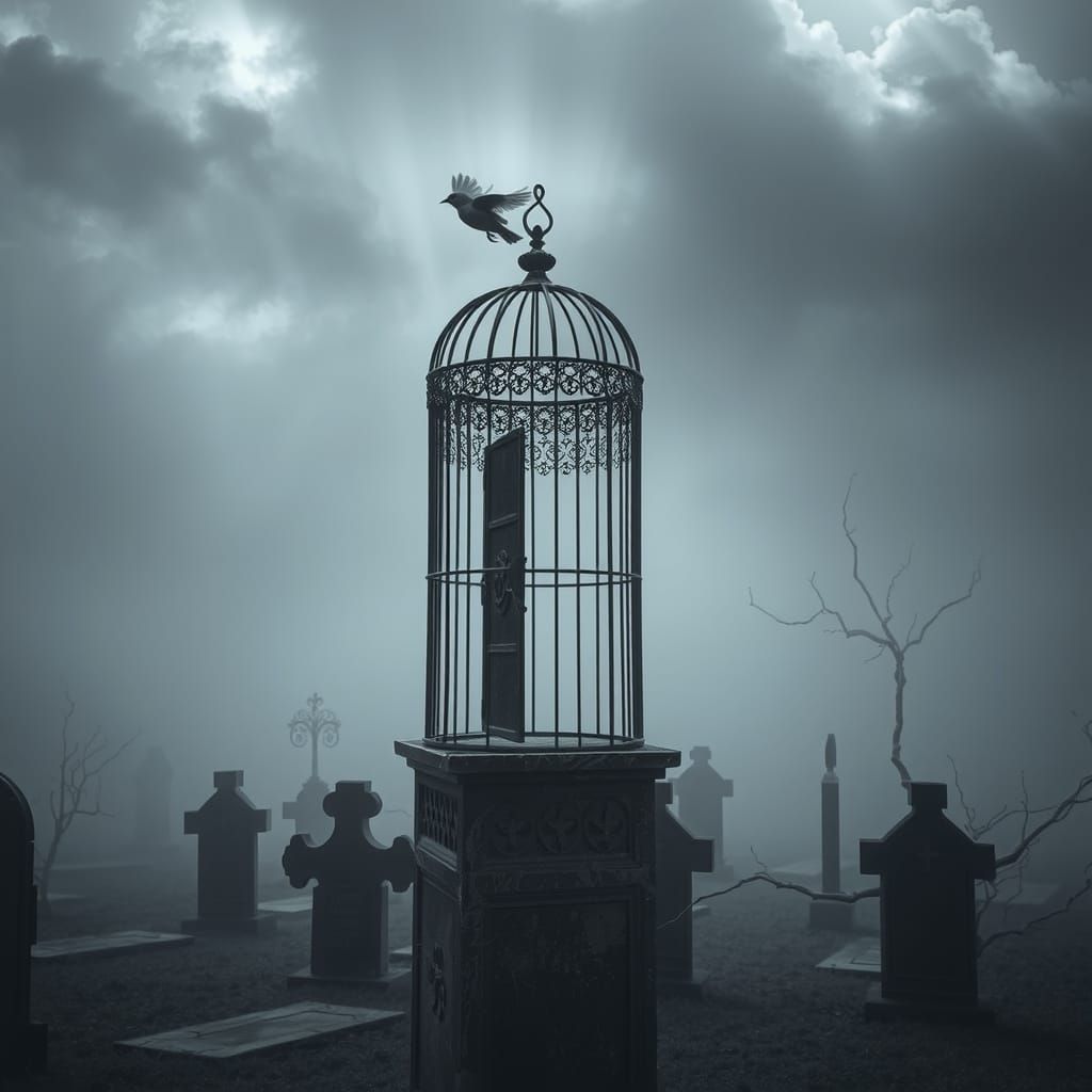 Desolate Graveyard Birdcage in Fog