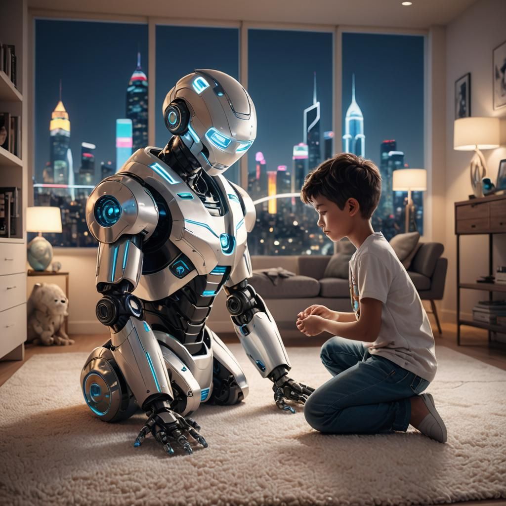 Boy Plays with Robot in Neon-Lit Cityscape