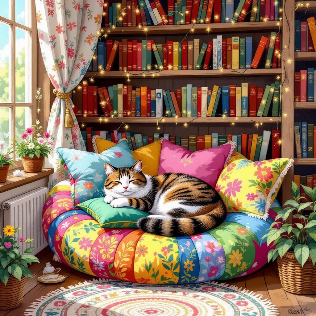 Cozy Cat Reading Nook with Fairy Lights
