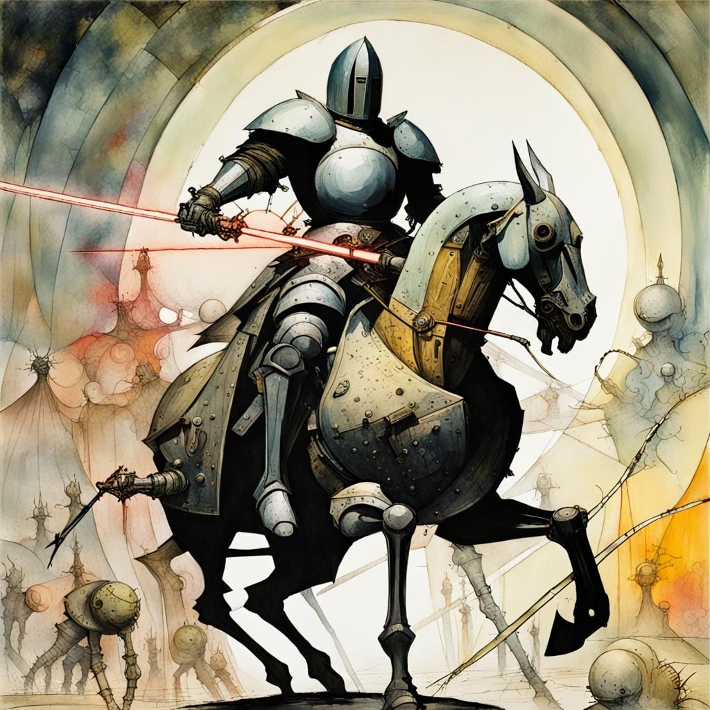 Knight's Cosmic Battle with Alien in Surreal Style