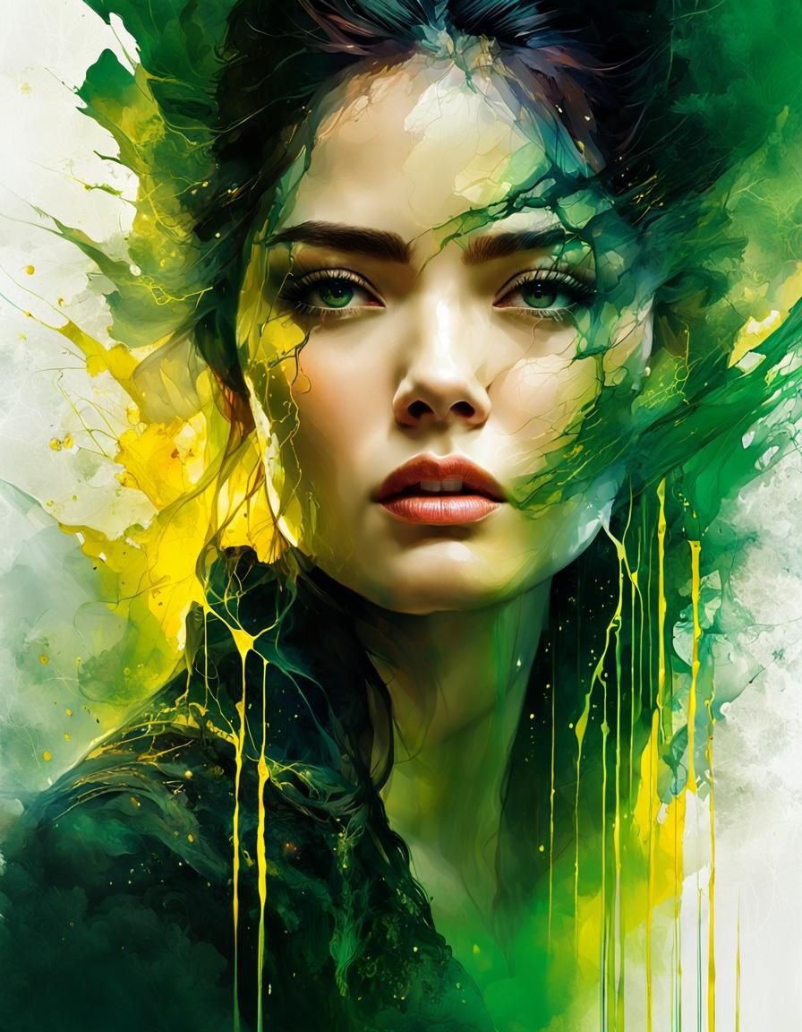 Shattered Beauty: Digital Art Portrait in Liquid Ink Style
