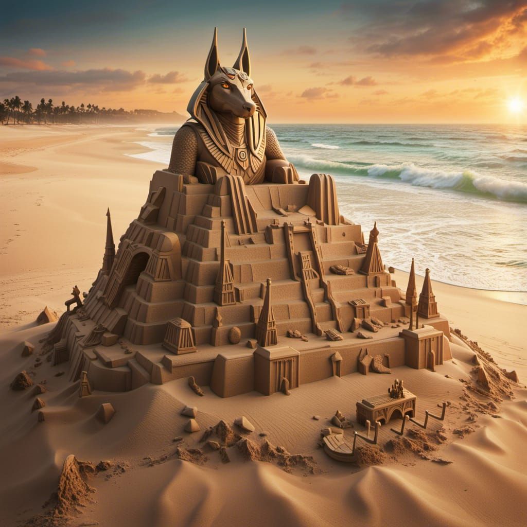 Anubis Sand Sculpture on English Beach at Sunrise