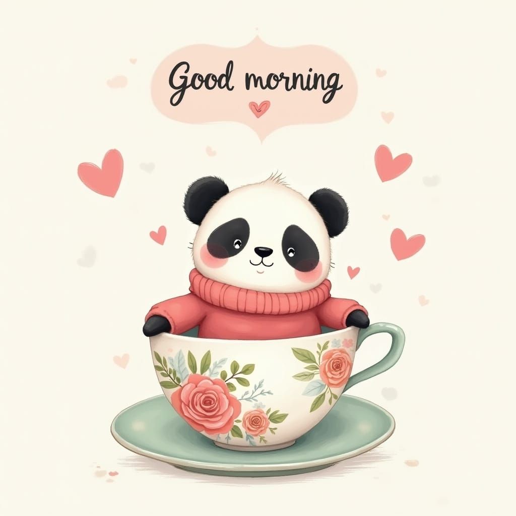 Whimsical Cartoon Panda in a Floral Tea Cup