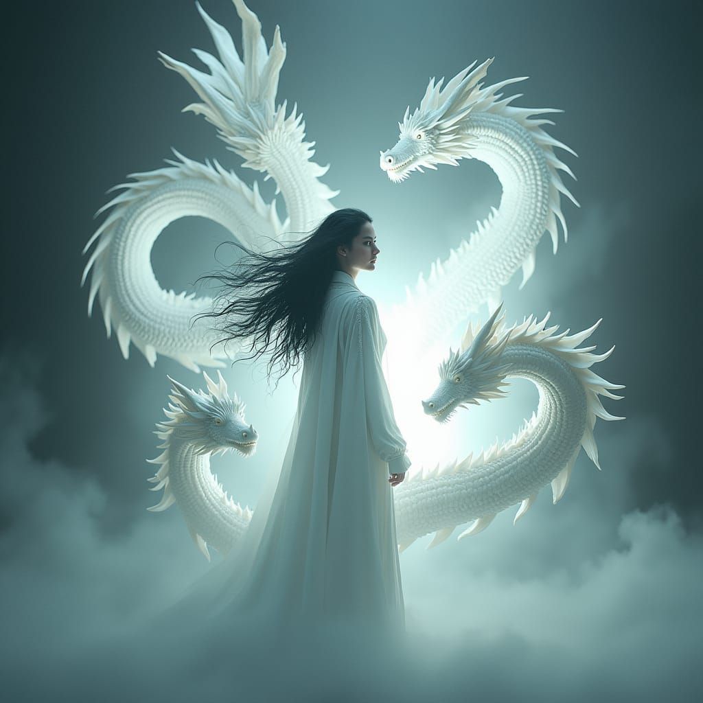 Ethereal Figure Surrounded by Dragons in Dark Fantasy Style