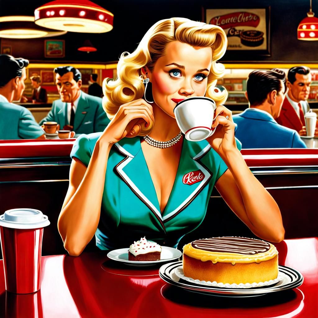 Reese Witherspoon drinking (a lot of) coffee and eating a massive cake in a 1950s diner