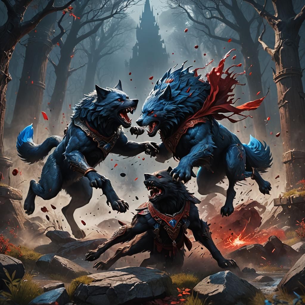 Blue Werewolf Battles Red and Black Werewolf