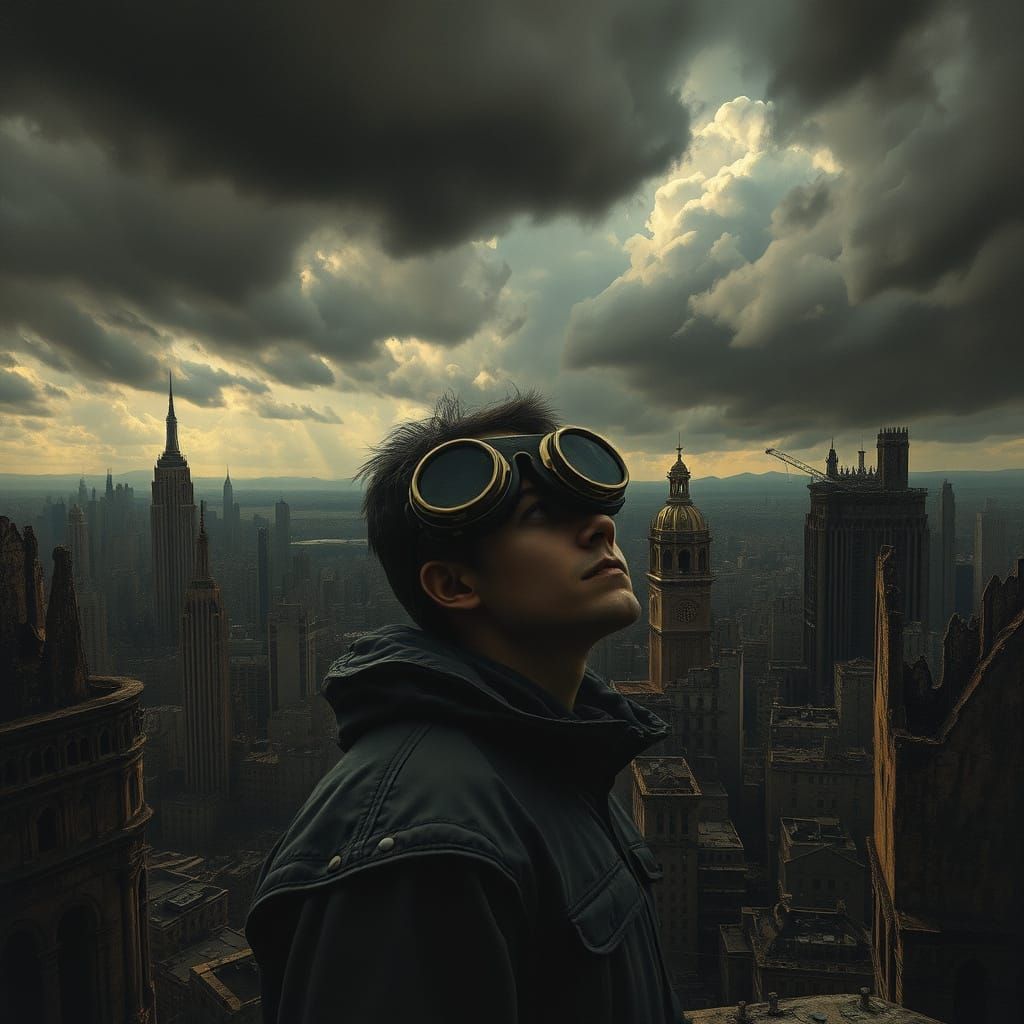 Lone Figure in Crumbling Cityscape Under Stormy Sky