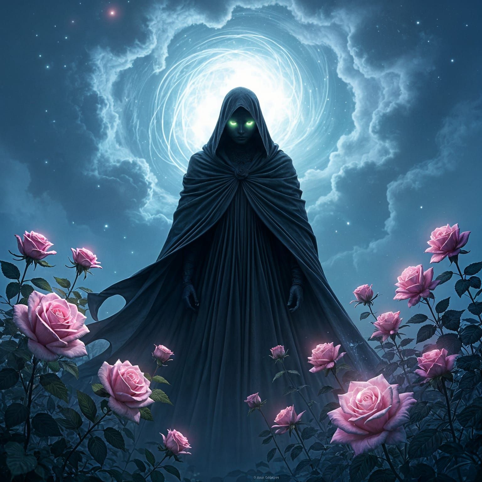 Ethereal Alien Among Bioluminescent Roses