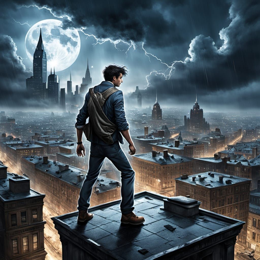 Rooftop Vigilante Leap in Stormy Cityscape