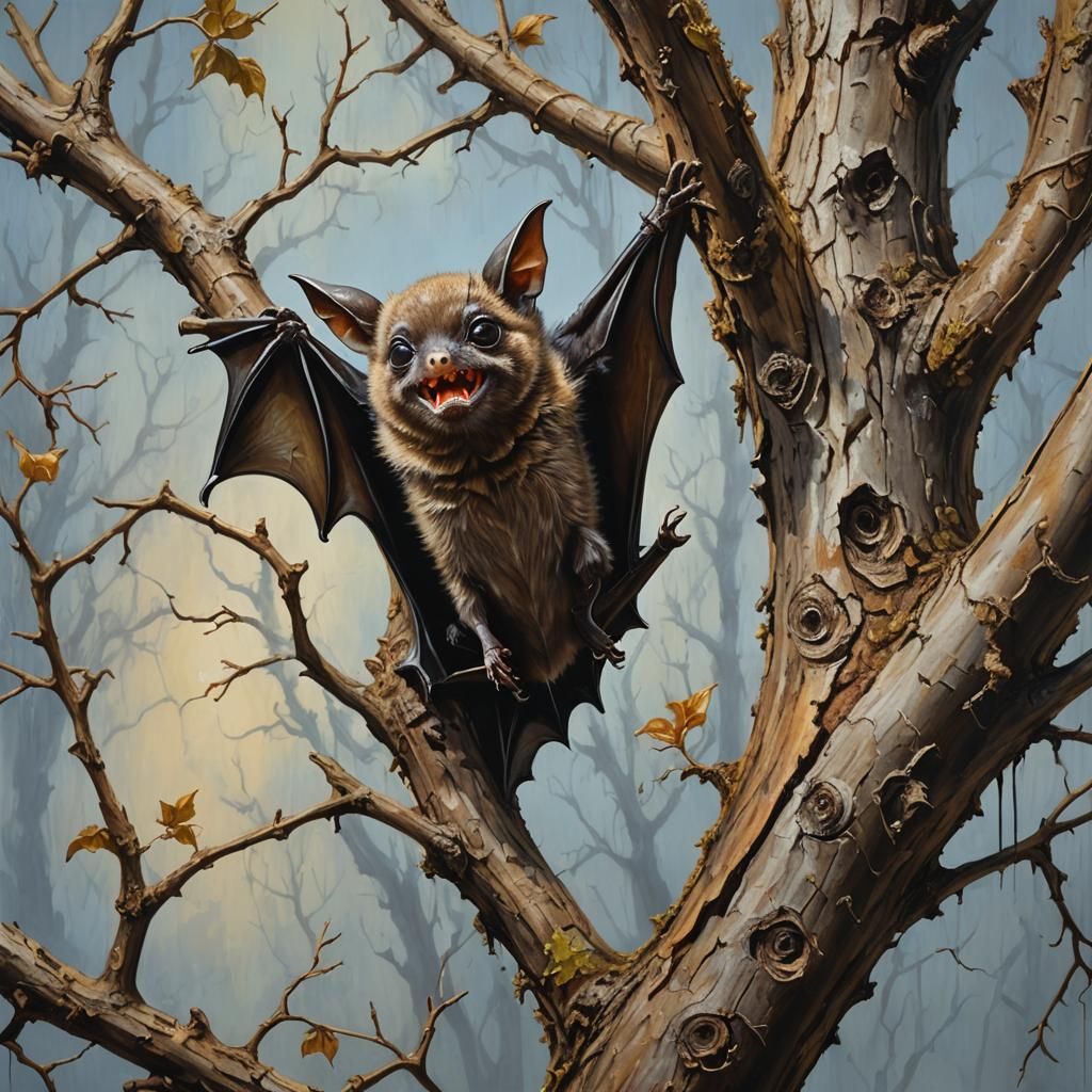 Cute Bat in Acrylic Painting on Dead Tree