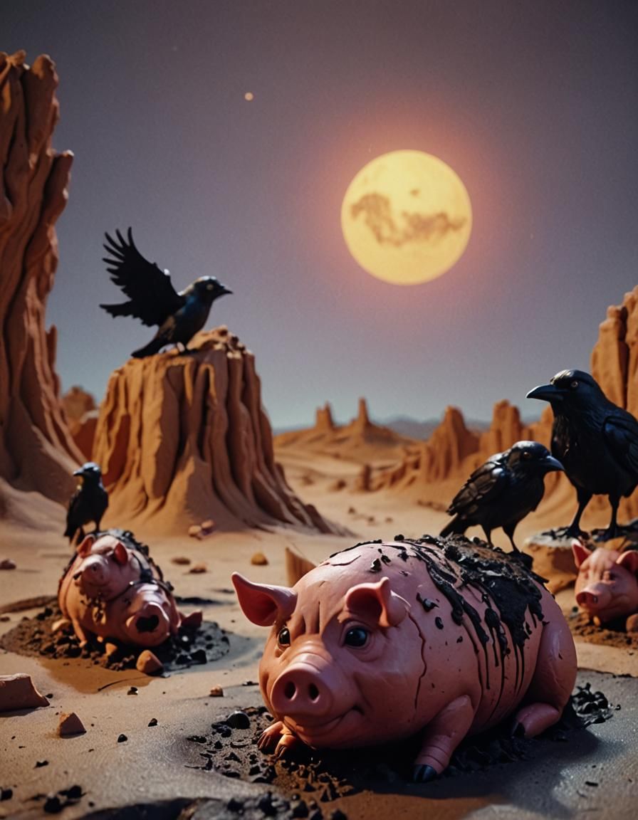 Radiant Pigs Confront Crow-Men in a Melting Wax Wonderland