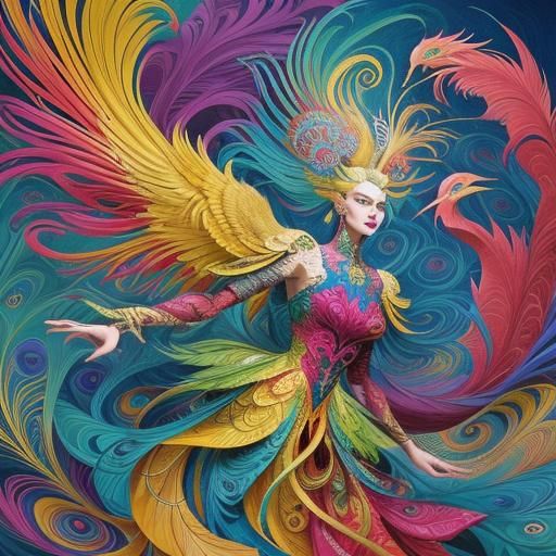 Silver Woman and Dragon Peacock in Abstract Expressionism