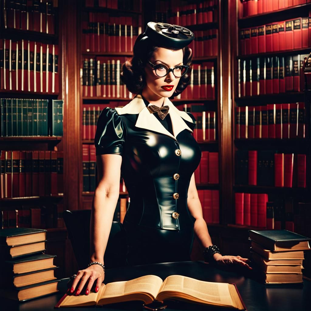 Sinister Latex Librarian Pinup in Cinematic Style