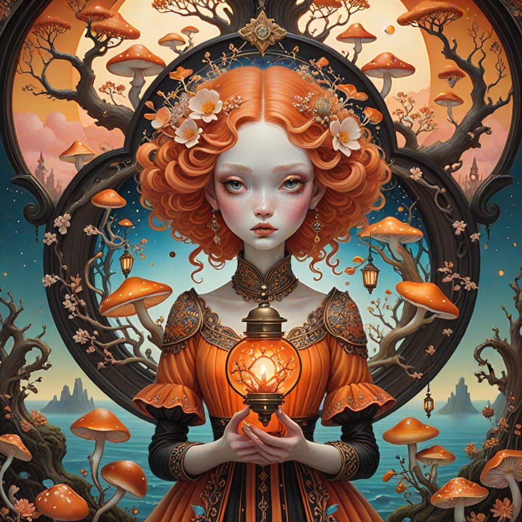 Enchanted Oracle in Vibrant Orange Hues, Velvet Cloak and Go...