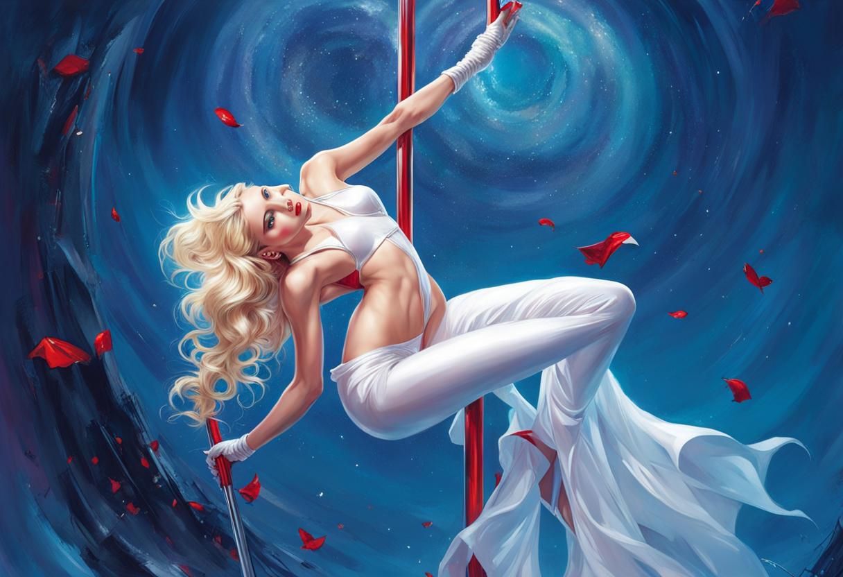 blonde, elegant woman, perfect body, red latex pants pole dancing..