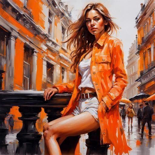 English Girl Portrait in Orange Color Palette Splash Art