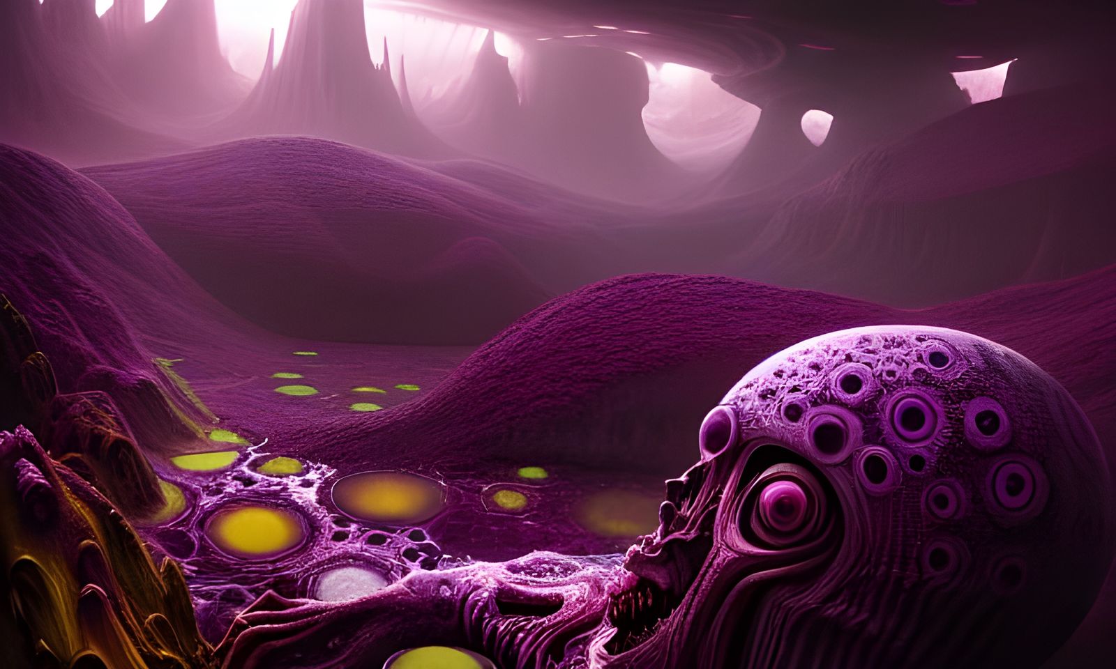 Psychedelic Horror Landscape with Purple Alien Pools
