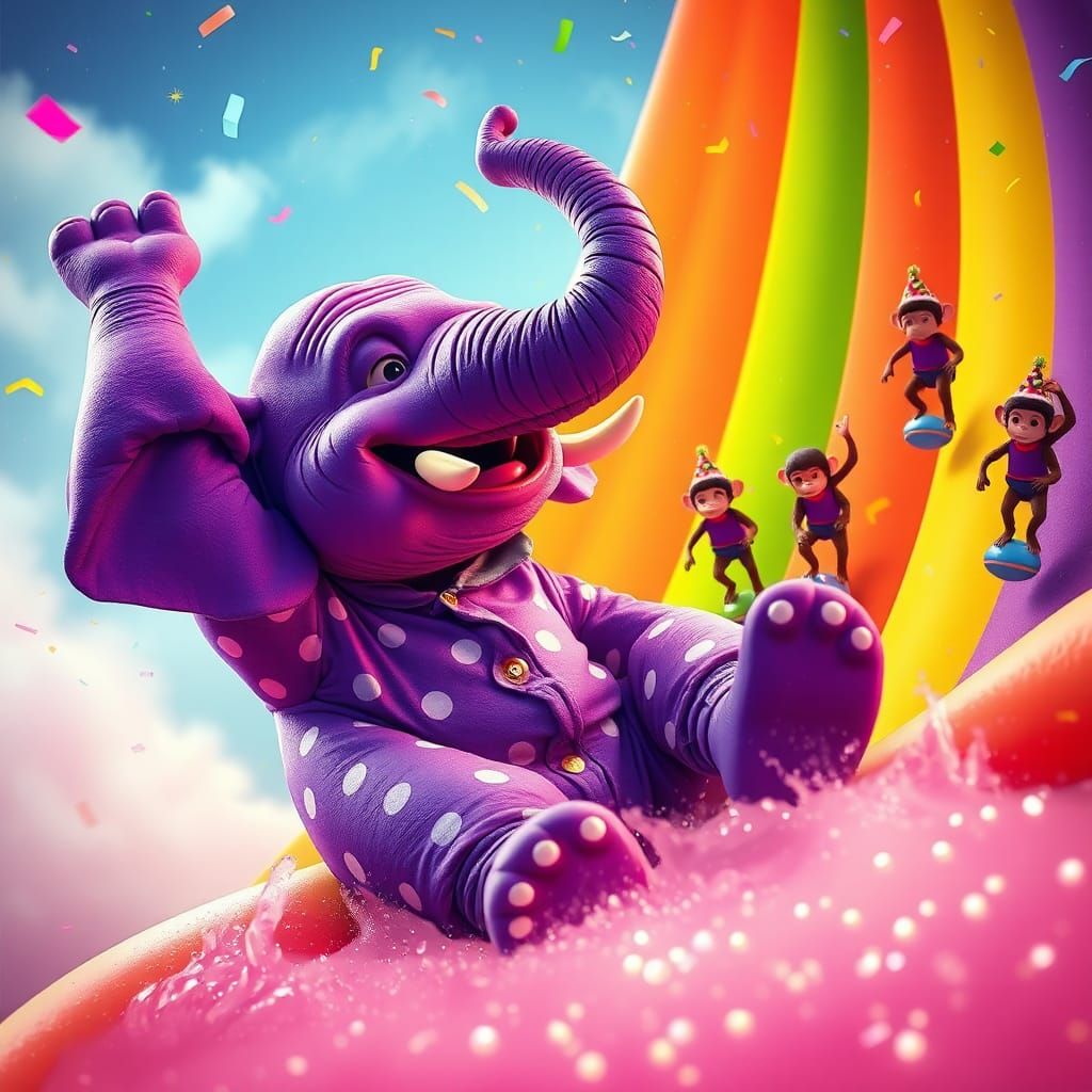 Purple Elephant Slides Down Rainbow in Whimsical Digital Art