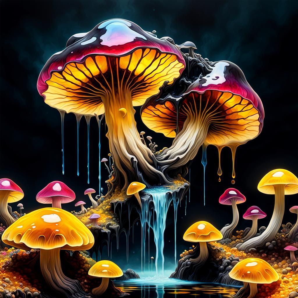 Giant Crystal Mycena Mushrooms with Honeycomb Texture