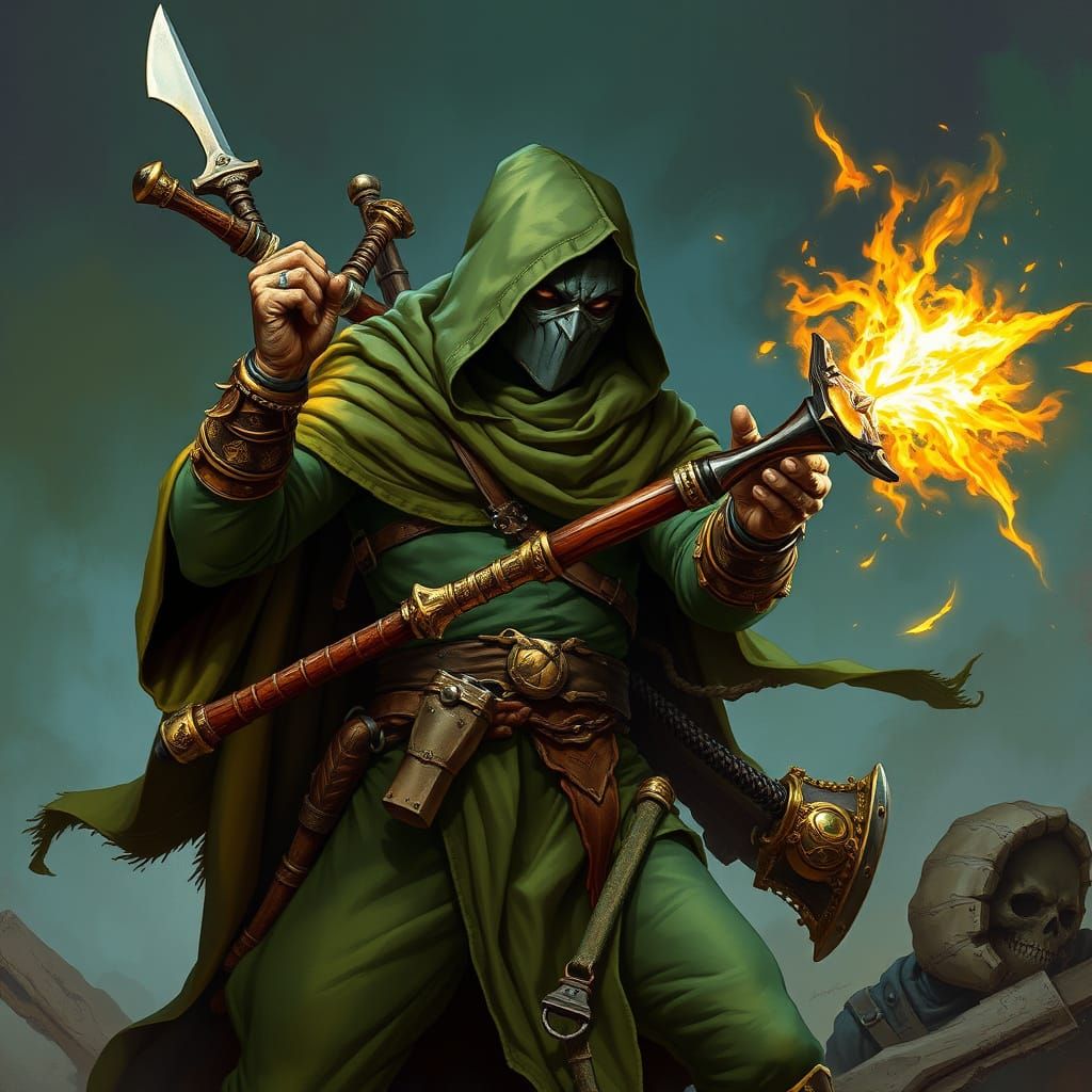 Masked Thief with Weapons in Digital Painting Style