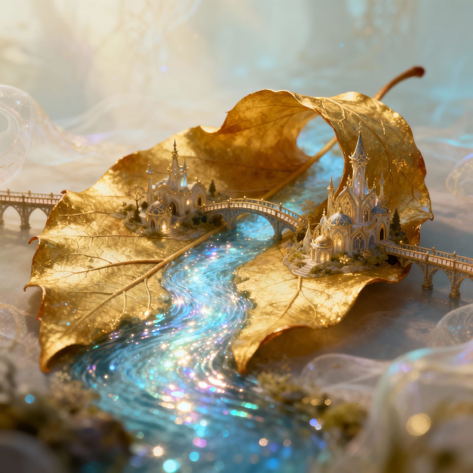 Ethereal Elven Settlement on Golden Leaf with Mystical Light...