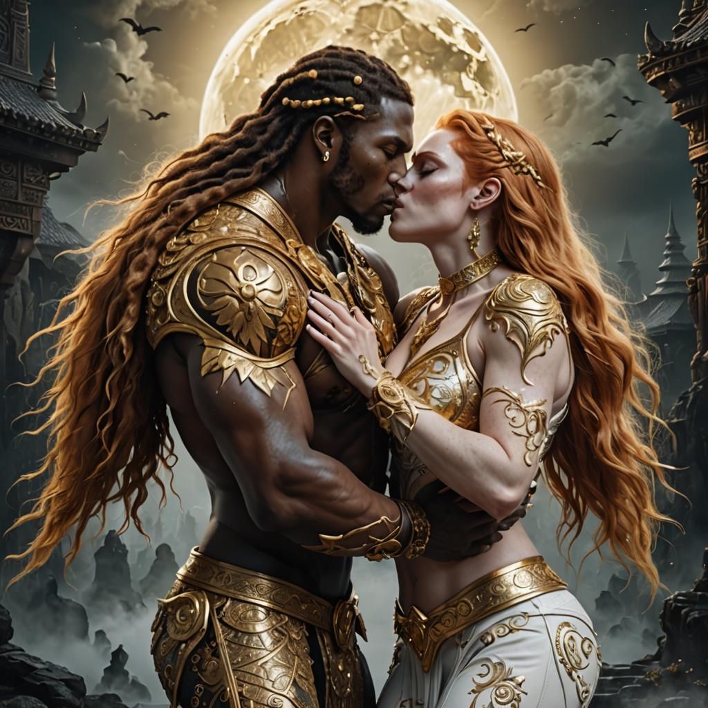 Sensual Alien Woman Kissing Man Under Moonlight