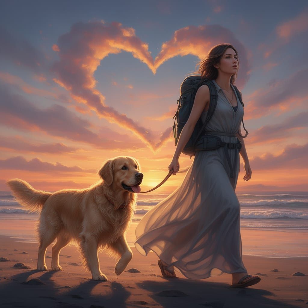 Woman and Dog on Beach at Heart Cloud Sunset