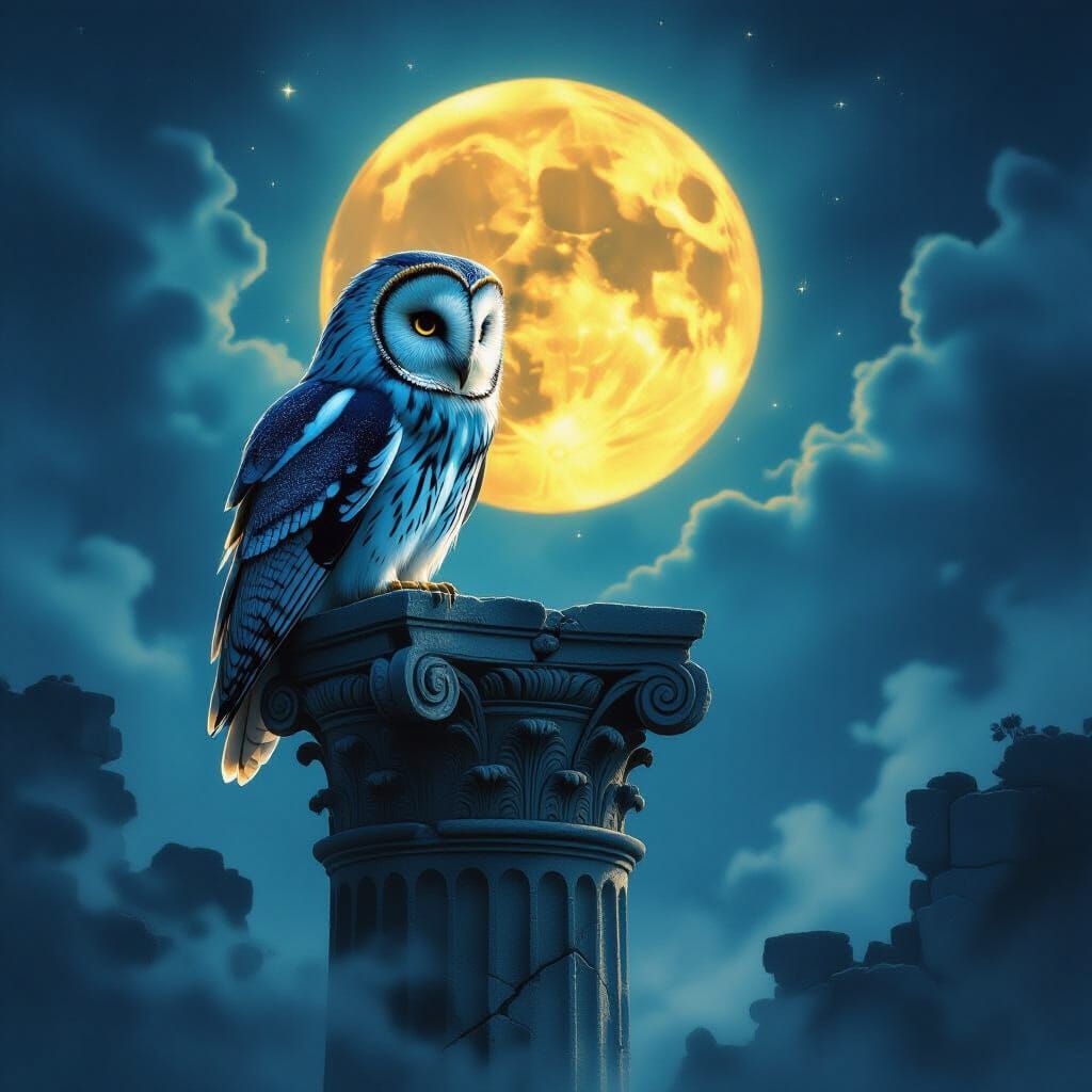 Ethereal Owl on Ancient Column Under Harvest Moon