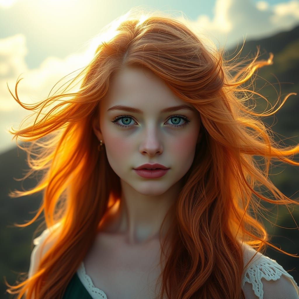 Gorgeous Irish Goddess with Green Eyes and Wind-Blown Hair
