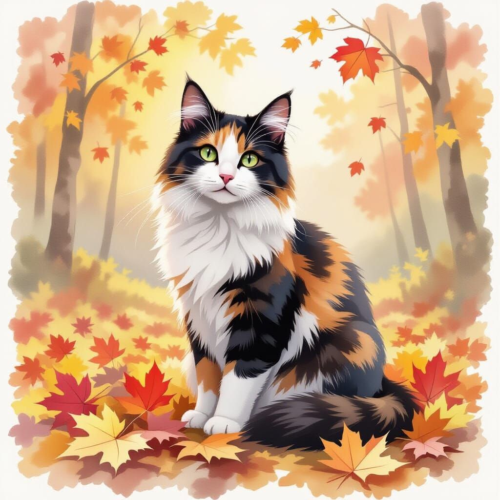 Calico Cat in Autumn Leaves Watercolor Painting