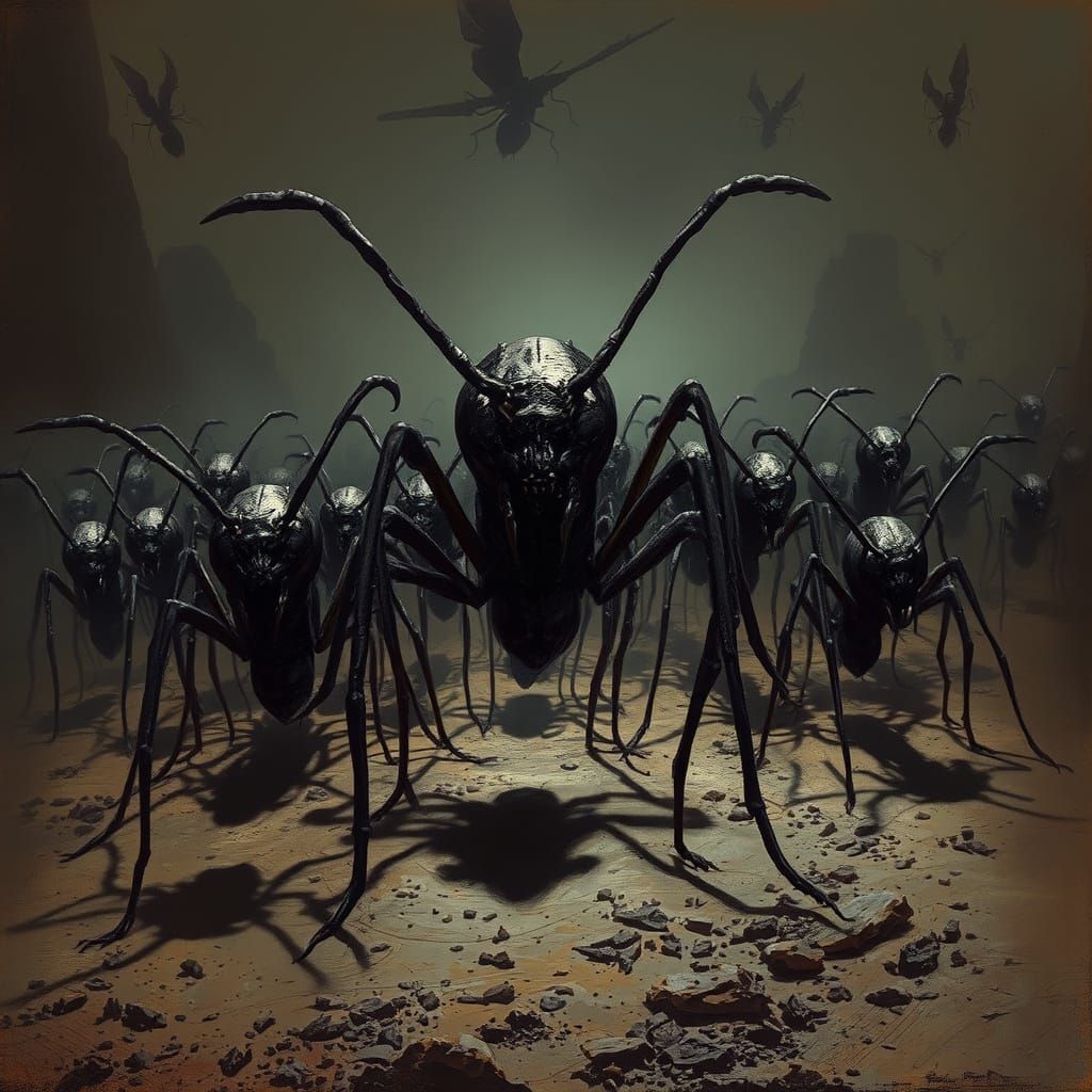 Sinister Ants Marching Through Desolate Landscape