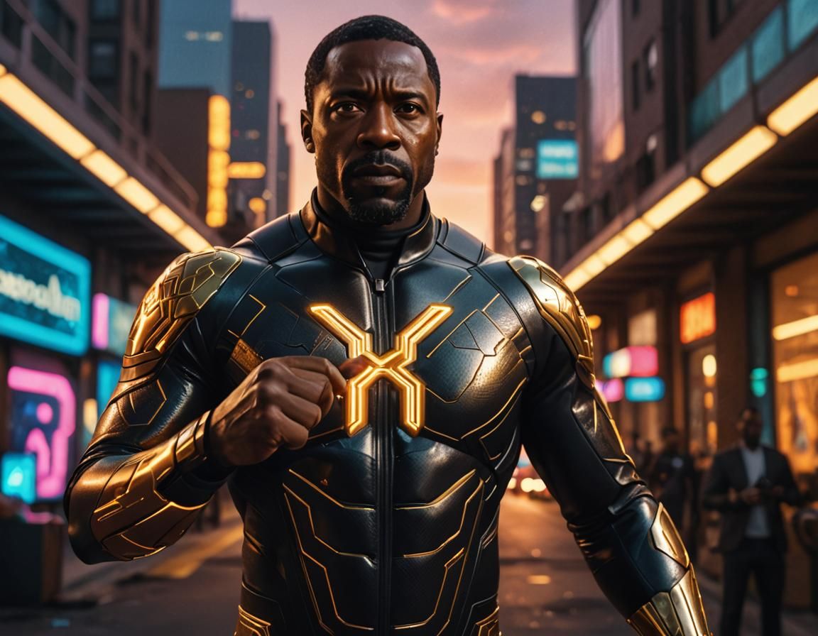 Heroic Black Man in Futuristic Sci-Fi Neoprene Suit