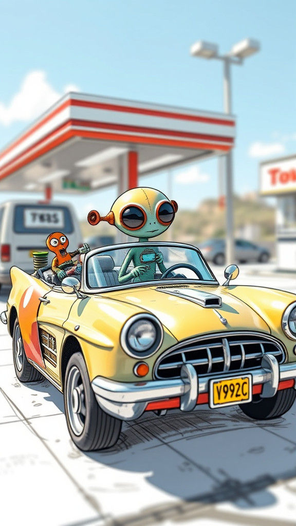 Futuristic Alien Convertible at Gas Station in 3D Doodle Sty...