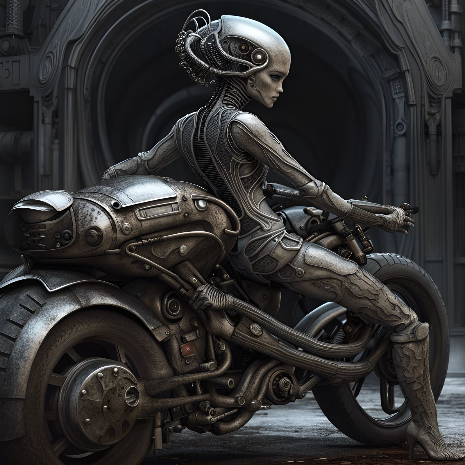Grey Metal Biomechanoid Motorcycle Symbiosis, Hyperdetailed