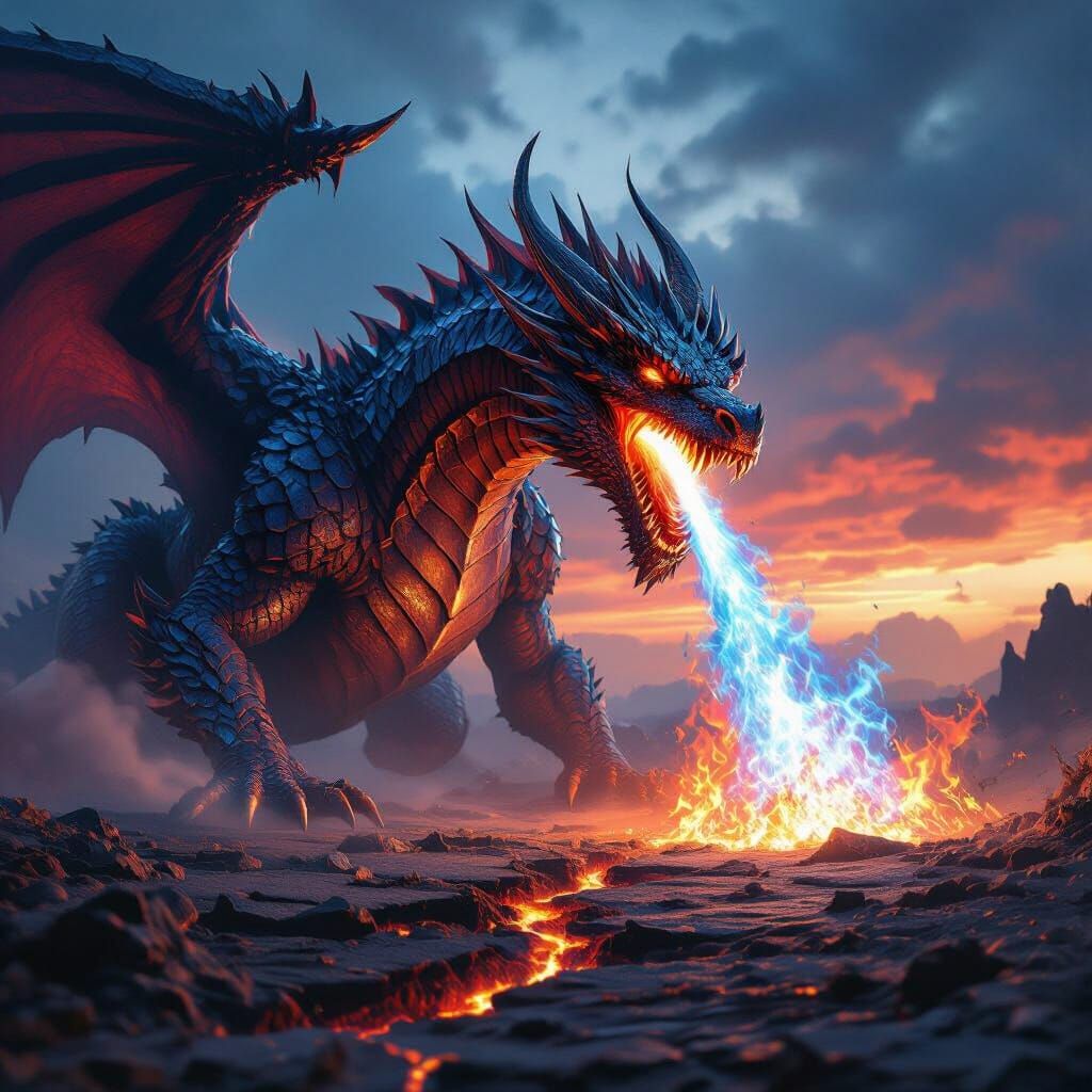 Menacing Dragon Breathes Blue Flames, Scorching Earth