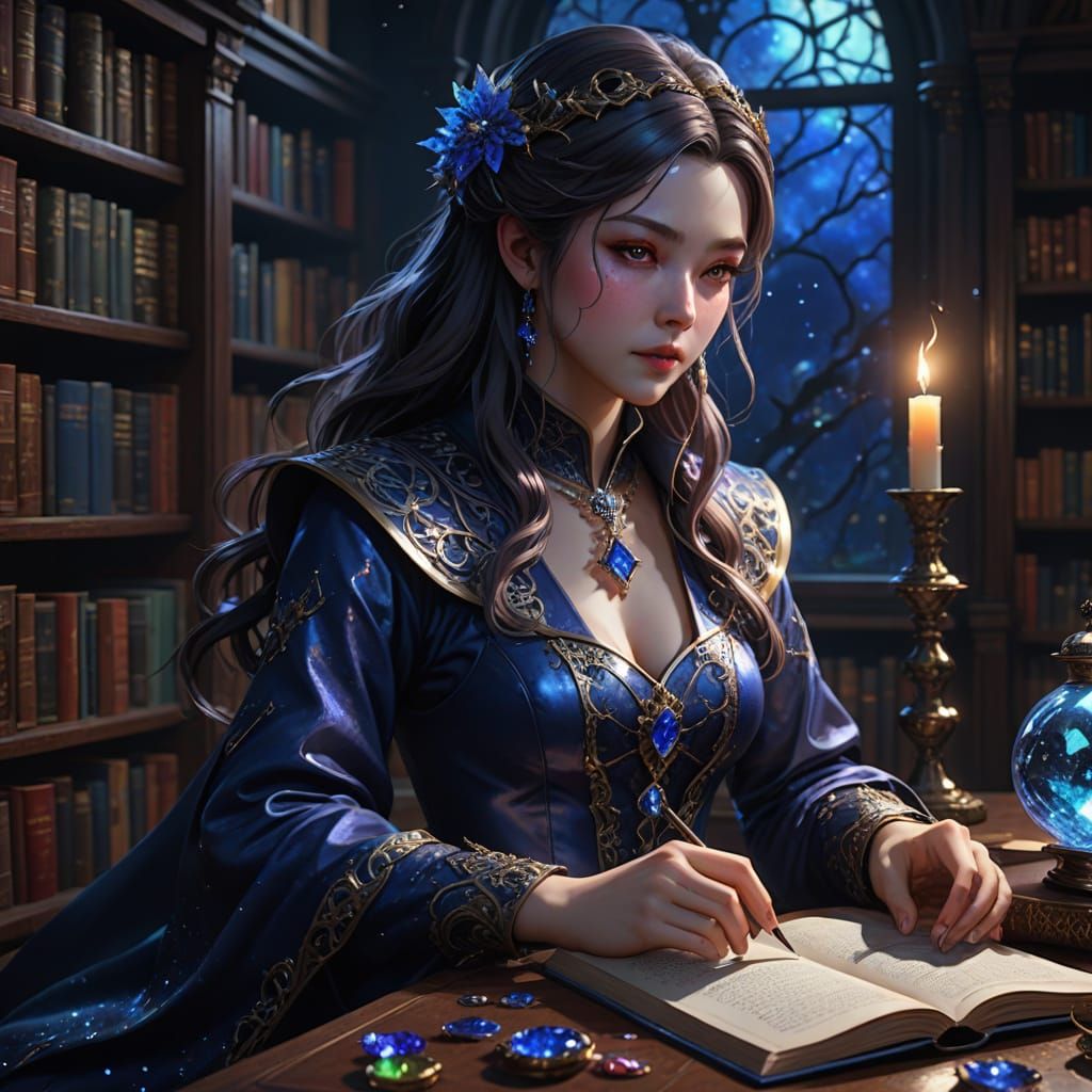 Mystical Sorceress Conjures Magic in a Haunting Library Scen...