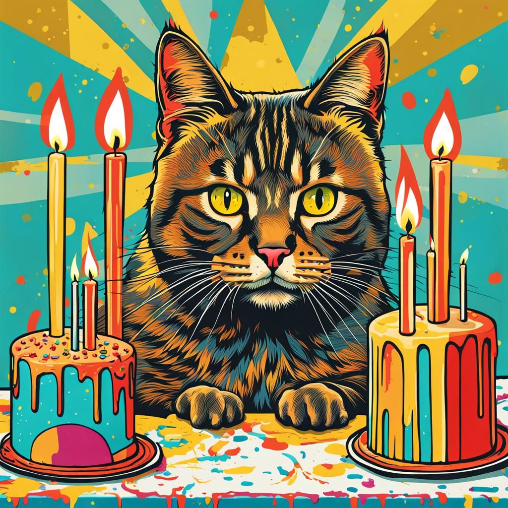 Terrified Cat and Birthday Cake in Pop Art