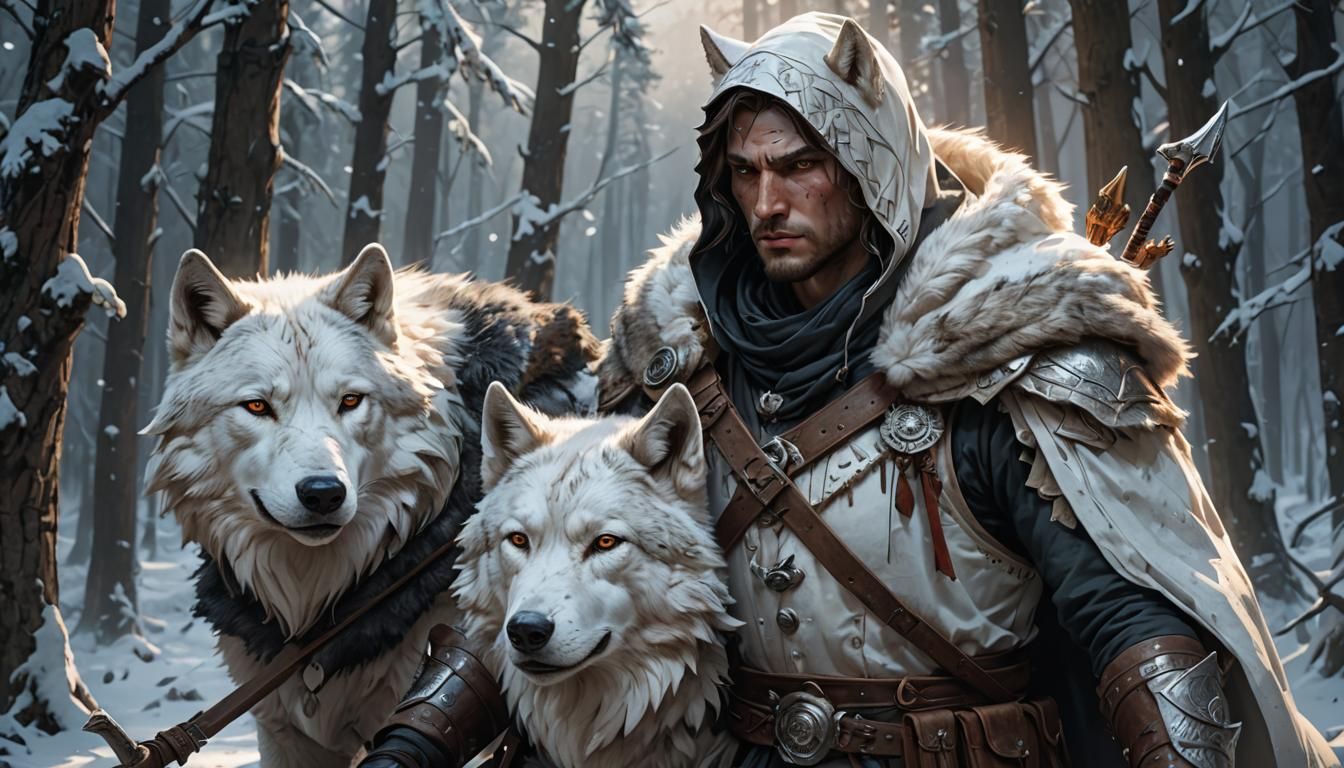 Warrior and White Wolf in Snowy Forest