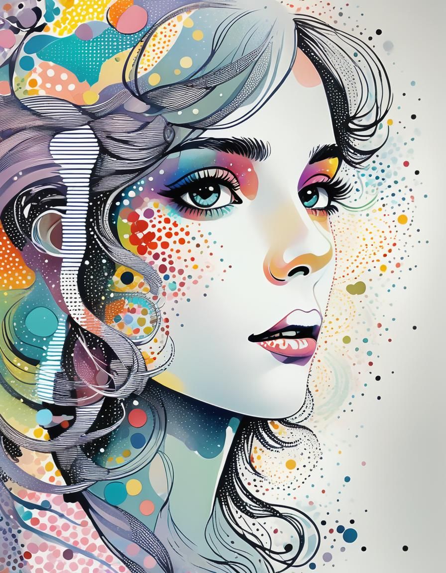 Dreamy Halftone Portrait of Woman with Pastel Colors