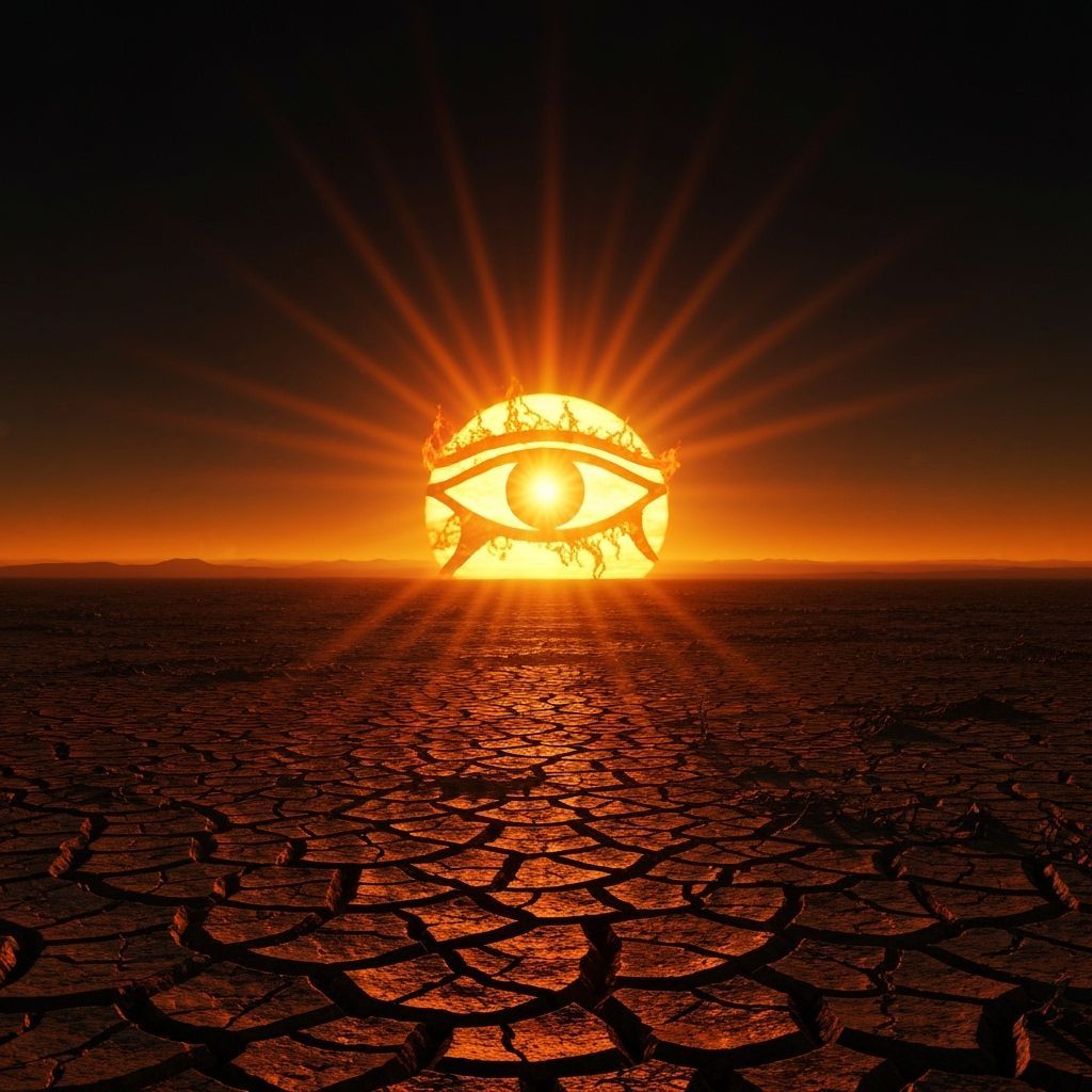 Winged Sun Ascends Over Charred Earth in Dystopian Art