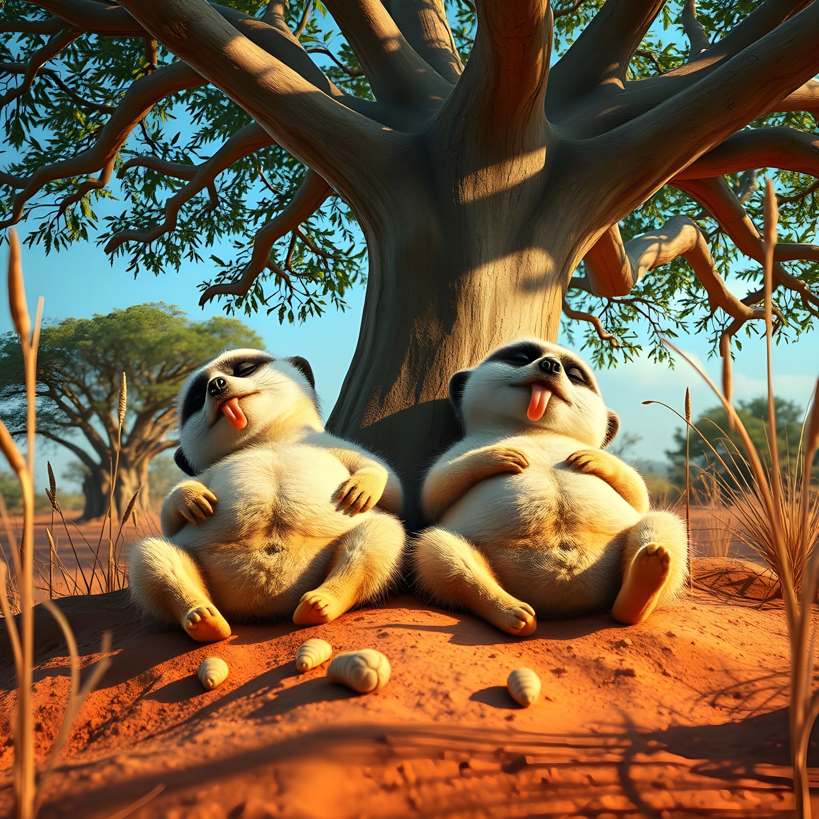 Surreal African Savanna Scene with Meerkats and Mealworms