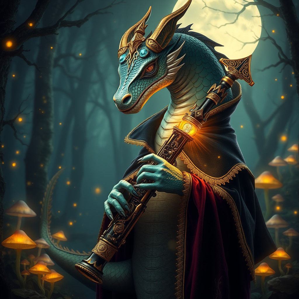Dragon Musician in Mystical Forest, Matte Painting