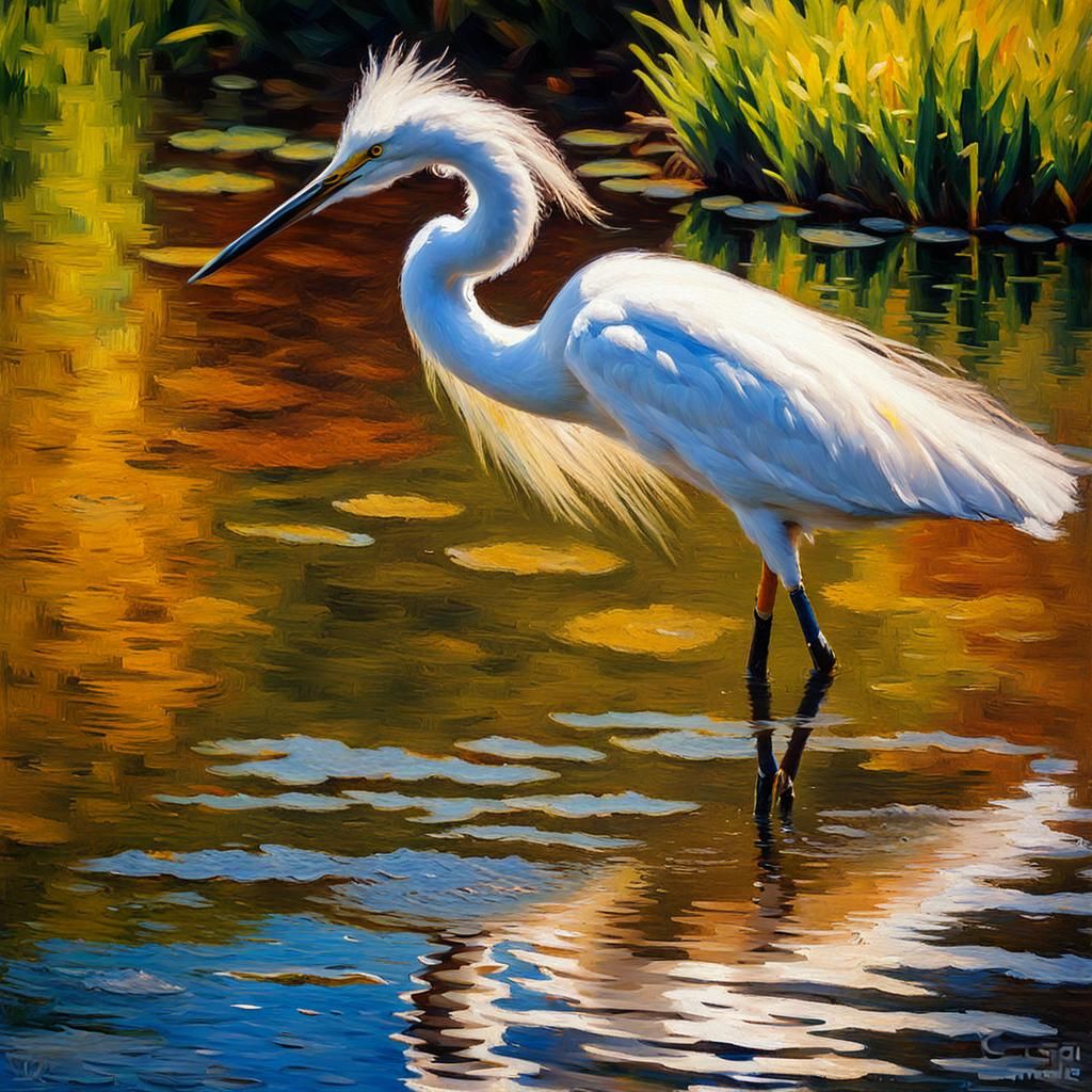 Snowy Egret in Pond: An Impressionist Painting