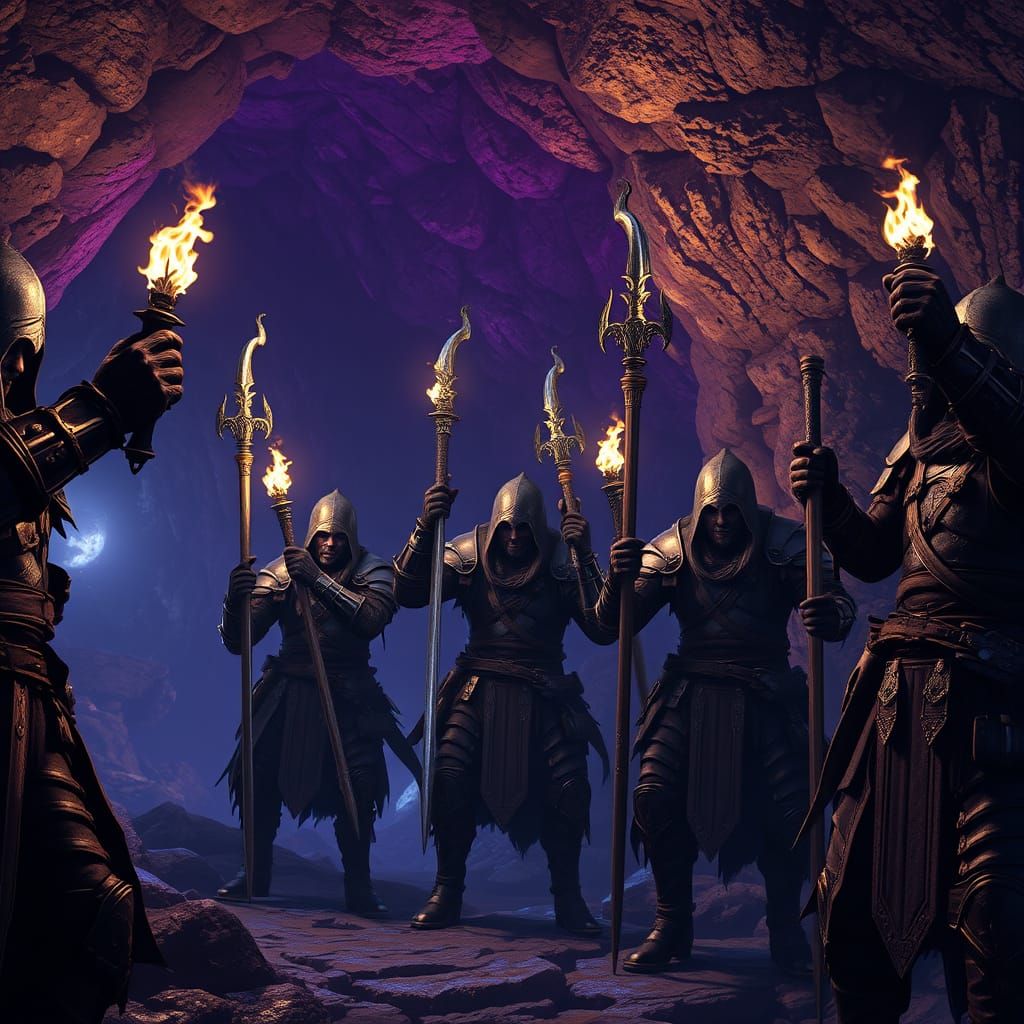 Adventurers Venture into Mystical Cave: Dark Fantasy Art