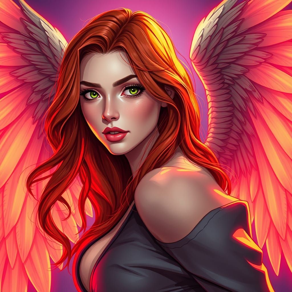 Redhead with Angel Wings in Neon Studio Portrait